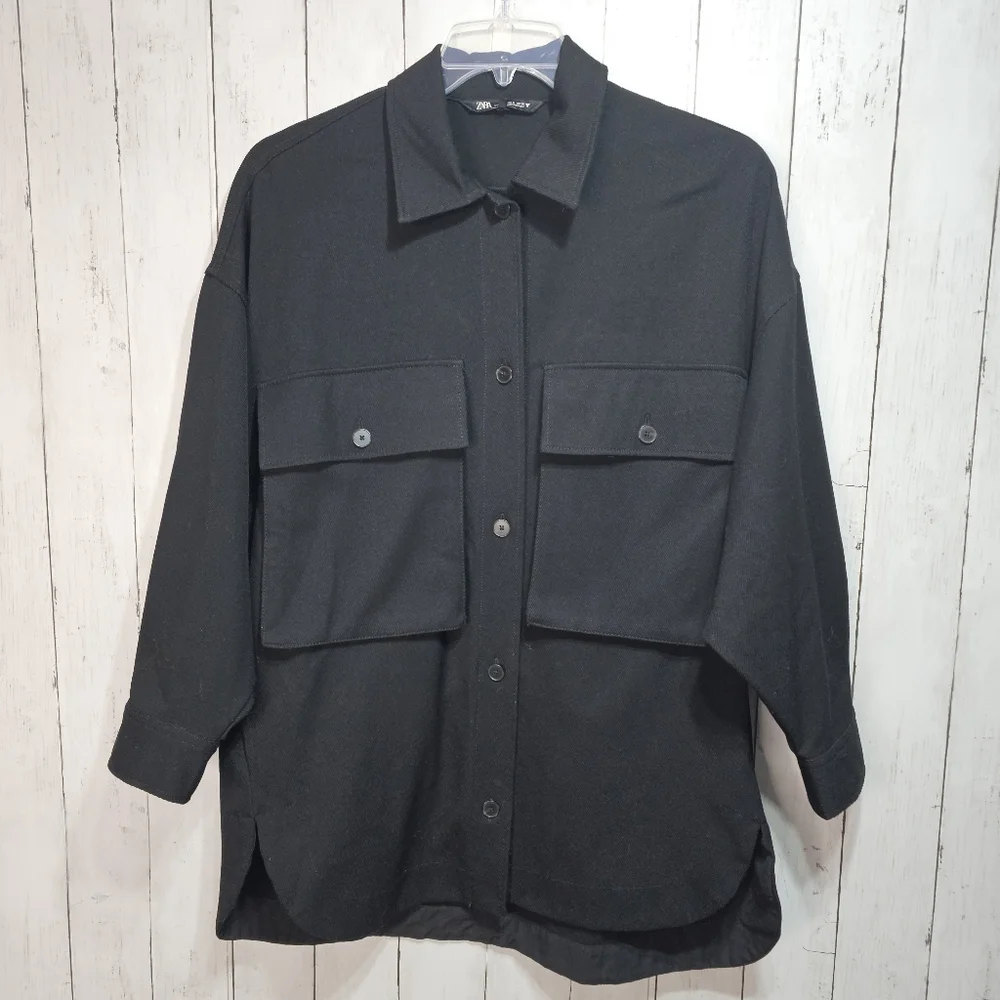 Zara Women's Black Heavyweight Jacket /Shacket Pockets Button Front Size Small. - Picture 1 of 10
